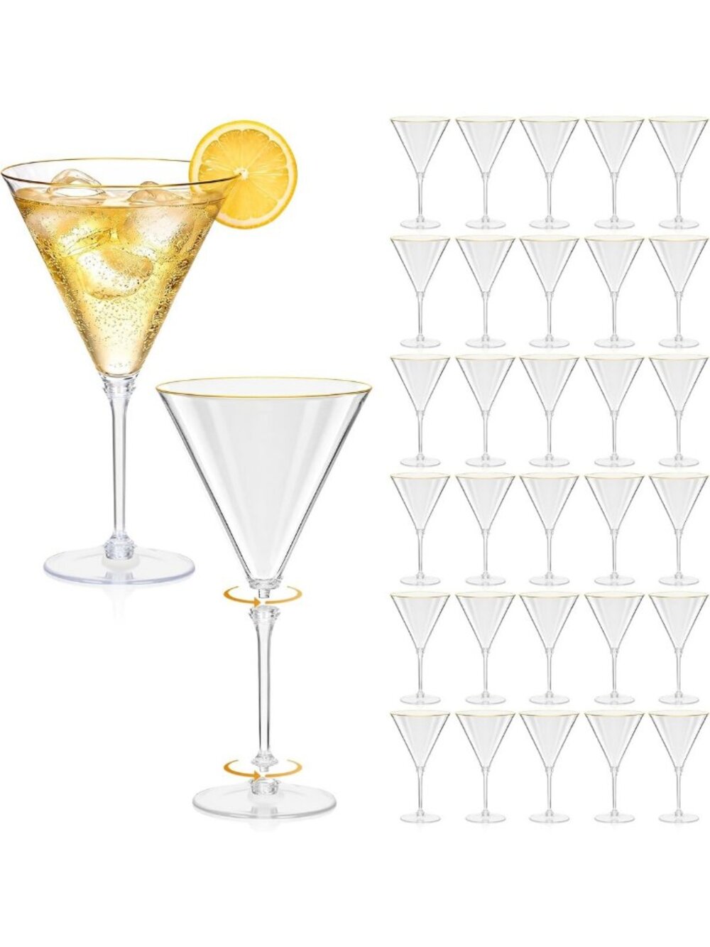 50 Pcs 10 oz Plastic Martini Glasses Set - Gold Rim, Detachable Cocktail Cups